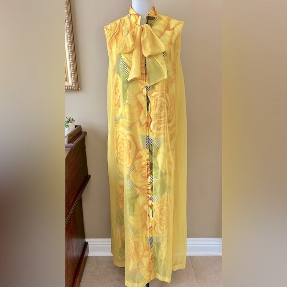 Vintage 1960s Alice Polynesian Chiffon Maxi Dress Hawaiian Yellow Floral Muumuu - Picture 2 of 16
